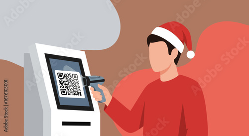 Man in Santa Hat Scanning QR Code at Kiosk for Christmas Shopping.