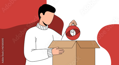 Man Unpacking Box with Red Kettlebell.