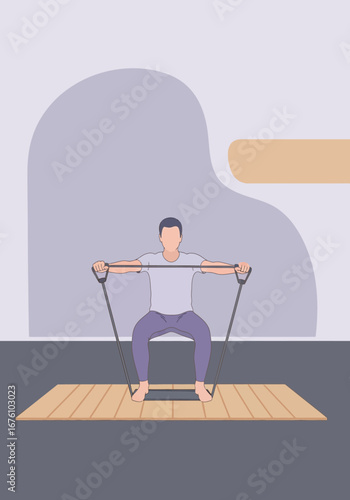 Man performing resistance band squats for strength training.