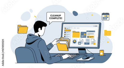 Man organizing digital files on computer, achieving cleanup complete.