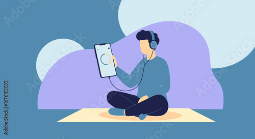 Man with headphones listening to music on a smartphone.