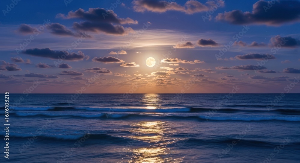 Obraz premium Full moon rises over a tranquil ocean at sunset