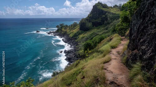 Wallpaper Mural Scenic Cliffside Hiking Trail with Ocean View in Vibrant Landscape Torontodigital.ca