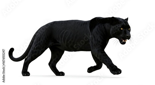 Powerful black panther stalking with intense gaze and bared teeth, ready to pounce