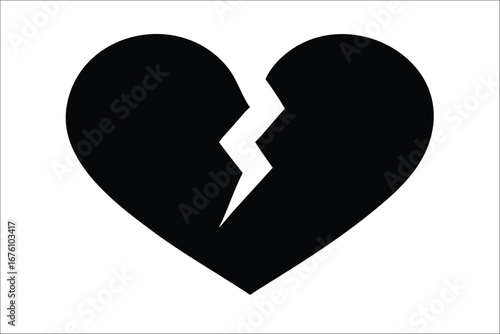 A stark black silhouette of a heart symbol with a prominent jagged white crack, representing heartbreak or emotional pain.