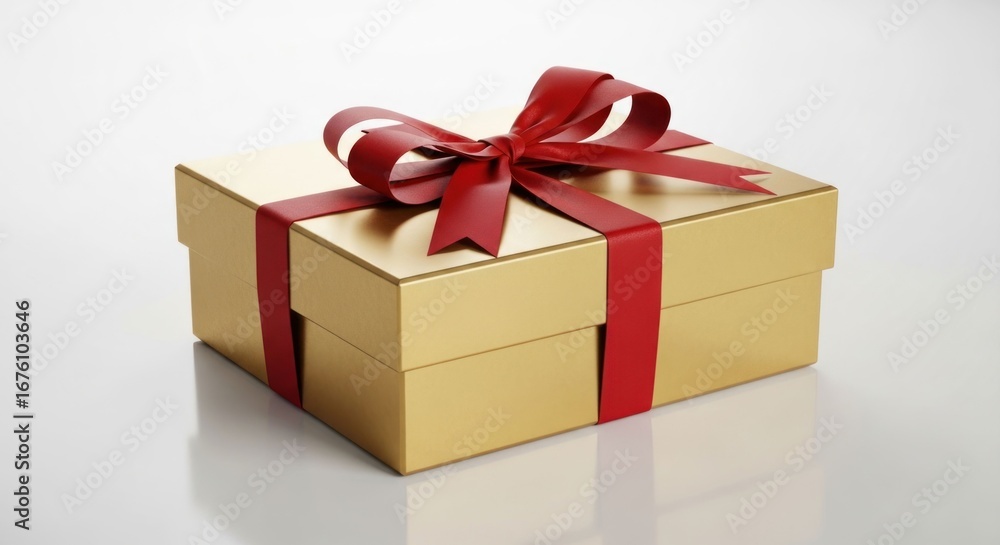 Fototapeta premium Gold gift box with red ribbon