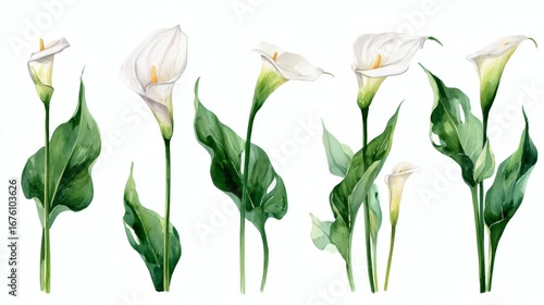 Fototapeta Naklejka Na Ścianę i Meble -  Abstract watercolor collection of arum lily flowers, hand-drawn illustrations with a focus on botanical beauty and elegance on white background