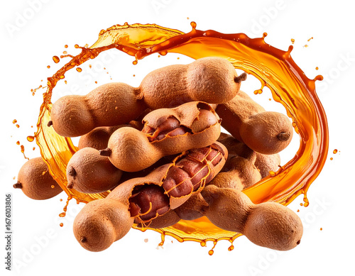  Whole Tamarind Pods with Golden Brown Juice Splash, Front View, Isolated Transparent Background PNG