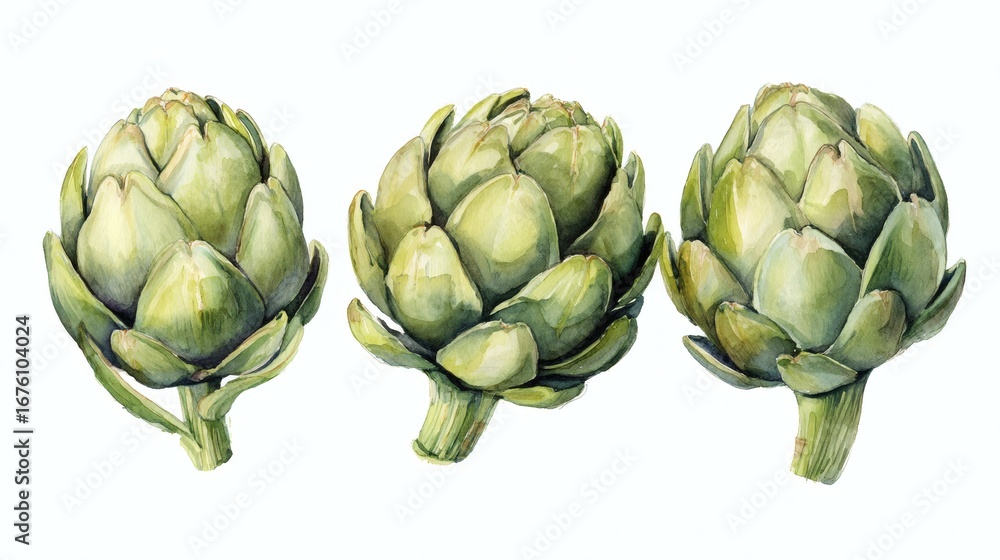 Fototapeta premium Artichokes green and purple watercolor illustration isolated on white transparent background.