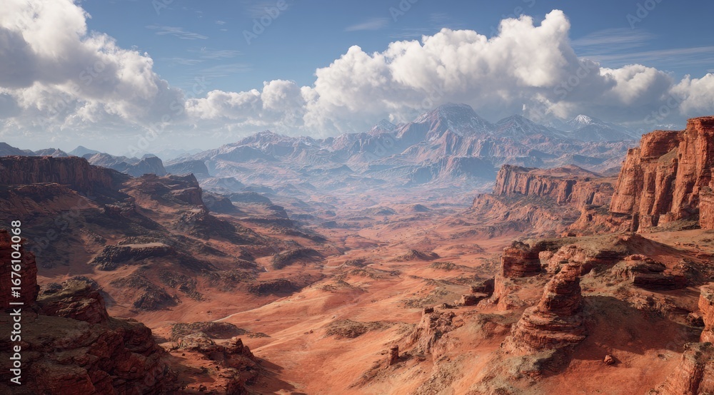 Naklejka premium Vast, sun-drenched canyon landscape. Arid, reddish terrain stretches before a distant snow-capped mountain range. Cloudy, light-blue sky overhead