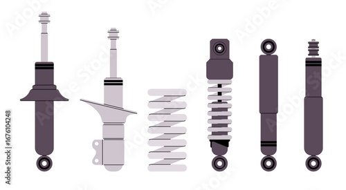 Collection shock absorbers and a spring in shades of gray technical illustration showcases various suspension components automotive repair mechanical engineering vehicle maintenance and parts