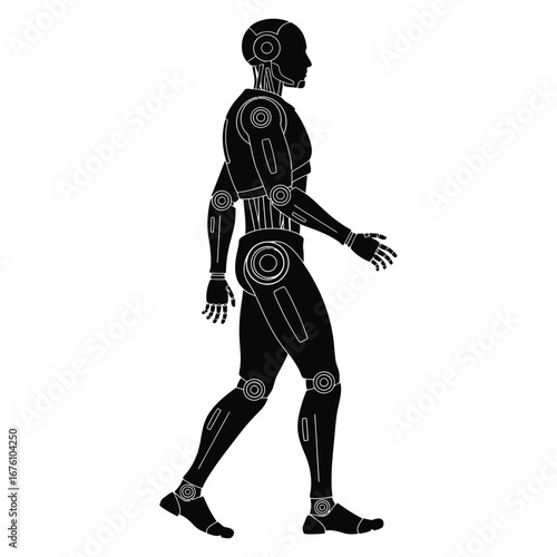 Silhouette of a walking humanoid robot with visible joints and circuits android cyborg