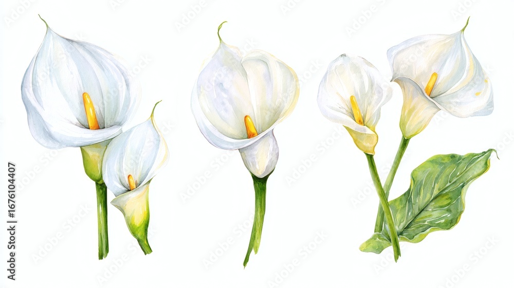 Obraz premium Abstract watercolor collection of arum lily flowers, hand-drawn illustrations with a focus on botanical beauty and elegance on white background