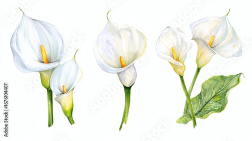 Abstract watercolor collection of arum lily flowers, hand-drawn illustrations with a focus on botanical beauty and elegance on white background