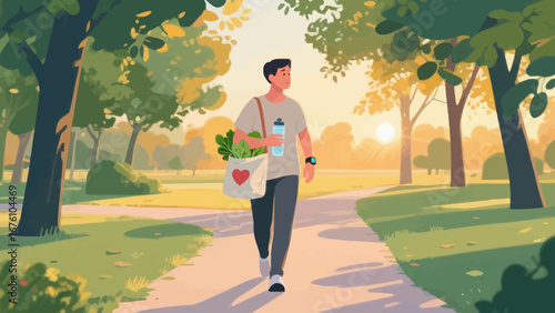 A man strolls through a sunlit park, carrying groceries and a water bottle, enjoying the outdoors.