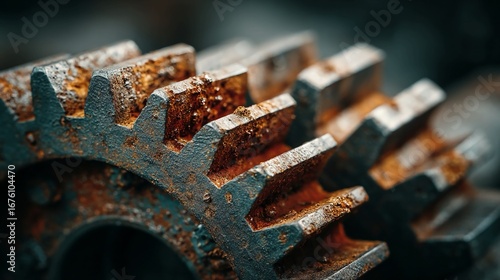 Industrial close-up of weathered metal gears covered with grease and rust, highlighting machinery complexity, strength, and mechanical engineering textures.
