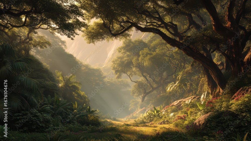 Fototapeta premium Serene Jungle Clearing Illuminated by Soft Sunlight Rays