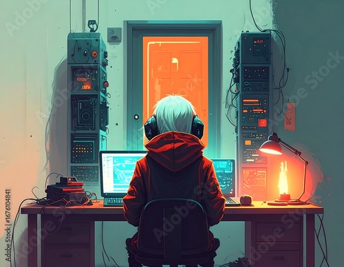 Digital artist at work in a retro-futuristic room
