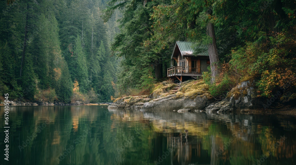 Fototapeta premium Peaceful Lakeside Cabin Surrounded by Lush Green Forest Landscape