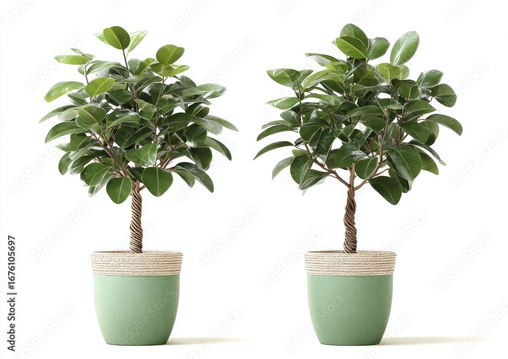 Obraz premium Two small potted Fiddle Leaf Fig trees, light green pots, white background