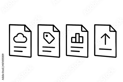 A minimalist line art illustration showcases essential digital document operations like cloud storage, pricing, data analysis, and file uploading services.