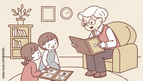  Reunion with Photo Album Memories – Vector Illustration of Generational Bonding and Togetherness