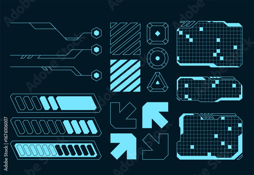 Geometric tech shapes arrows hexagons loading bars area screen patterns. glowing blue on a dark background for modern futuristic technological UI design
