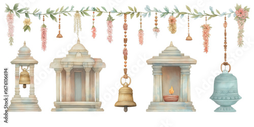 Watercolor Set of Traditional Indian Temple and Shrine Elements with Bells and Floral Garland on a Transparent Background.