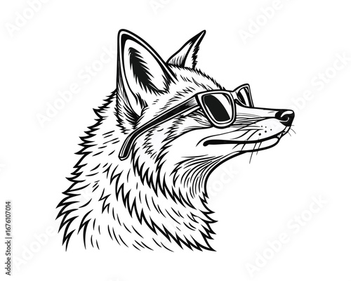 A black and white graphic illustration of a fox's head and shoulders