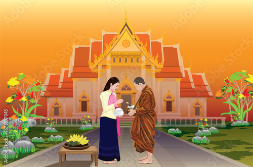 Buddhist monks going for alms in the morning vector design