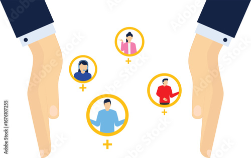 Customer retention, membership system or marketing strategy with a subscription concept, maintain customer loyalty, big businessman hand keep several consumers comfortable and become regular customers
