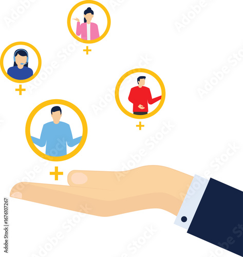 Customer retention, membership system or marketing strategy with a subscription concept, maintain customer loyalty, big businessman hand keep several consumers comfortable and become regular customers