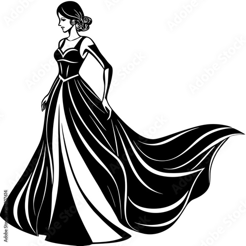 Elegant woman in a flowing gown, minimal one-line sketch, black and white fashion illustration