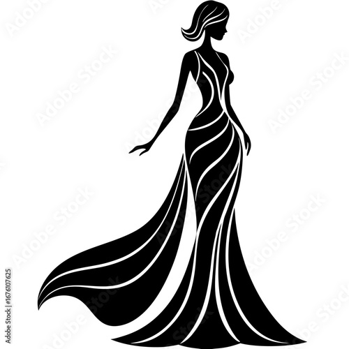 Elegant woman in a flowing gown, minimal one-line sketch, black and white fashion illustration