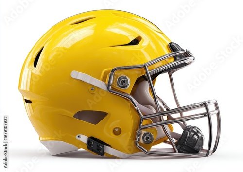 Bright yellow football helmet, side view, isolated