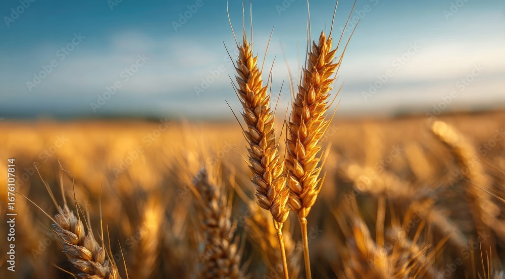 Fototapeta premium Golden wheat stalks at sunset. Close-up of two heads of wheat in a vast field, bathed in warm sunlight. Blurred background shows more stalks of ripe wheat. Clear blue sky with some clouds