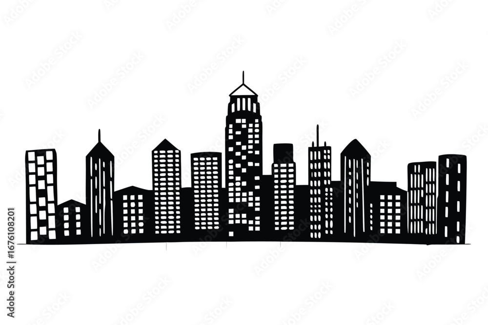 Fototapeta premium Black and white city skyline silhouette with illuminated windows on white background urban architecture