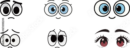 A set of various cartoon eyes showing different emotions and expressions like happy and sad.