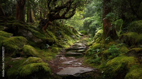 Mossy Pathway Through Enchanted Forest With Lush Greenery