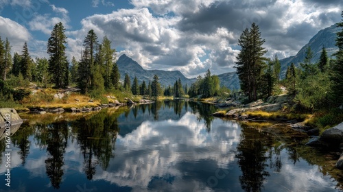 Majestic Mountain Lake Reflecting Serene Sky and Lush Surroundings