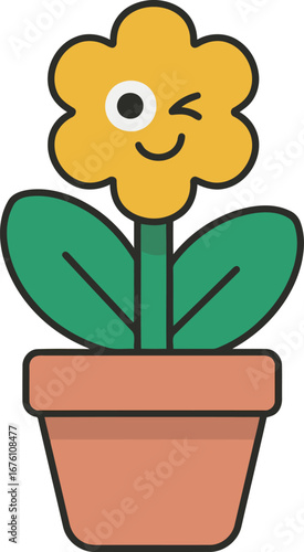 A cute cartoon flower in a pot with a happy and winking face, ready to brighten a room.