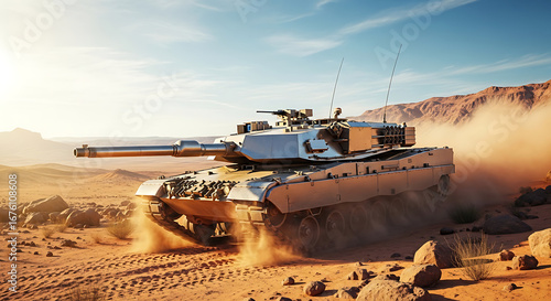 Military tank driving through desert landscape with dust cloud  war technology theme futuristic 