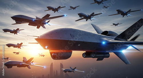 Military drones flying in formation during sunset over cityscape  war technology theme Photorealistic 3D render futuristic 