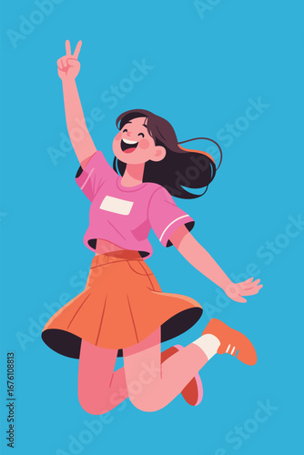 A young cheerful woman jumping high in the air, expressing joy and freedom with a smile.