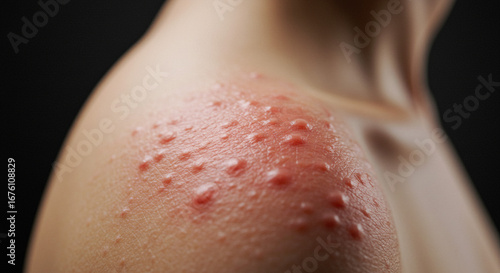 Relief from itchy skin rash needed now showing skin irritation on shoulder in painful detail