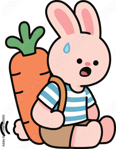 A cute cartoon bunny rabbit looking exhausted while carrying a giant carrot on its back.
