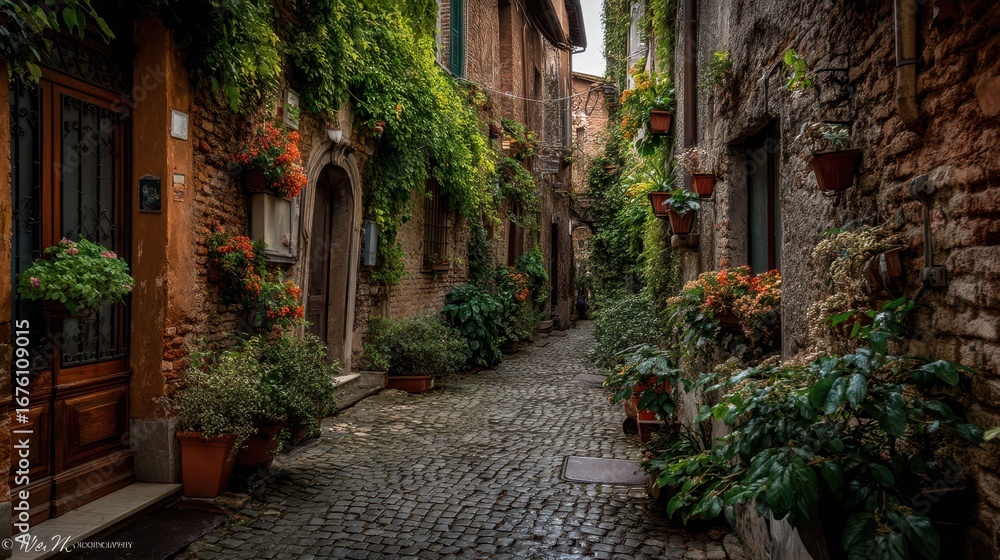 Fototapeta premium Quaint Narrow Cobblestone Alley in a Charming European Town