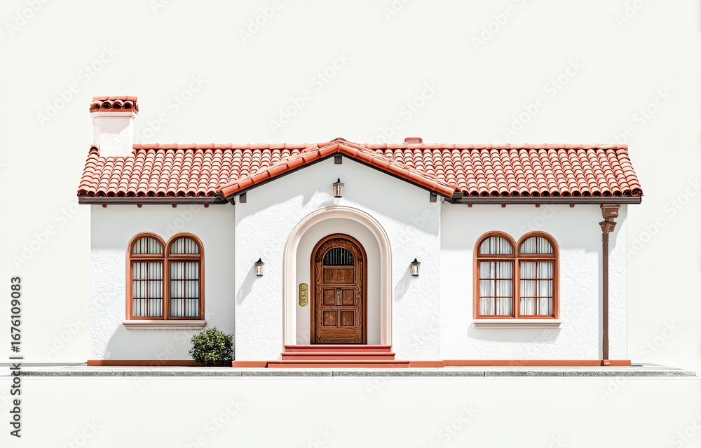 Obraz premium Front facade of a small, single-story stucco house with terracotta roof