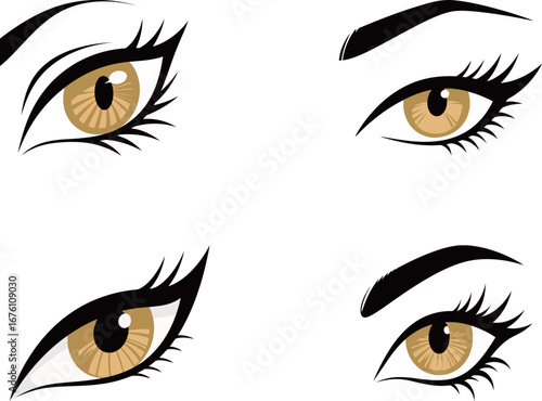 A set of four different anime or manga style eyes with golden brown pupils and lashes.