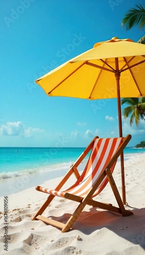 Wallpaper Mural Relaxing beach scene with a striped deck chair and a bright beach umbrella providing shade on a sunny day Perfect for summer vacation, travel, and relaxation themes , idyllic, vacation, beach Torontodigital.ca
